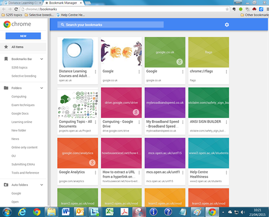 Screenshot of Chrome’s experimental bookmark manager.